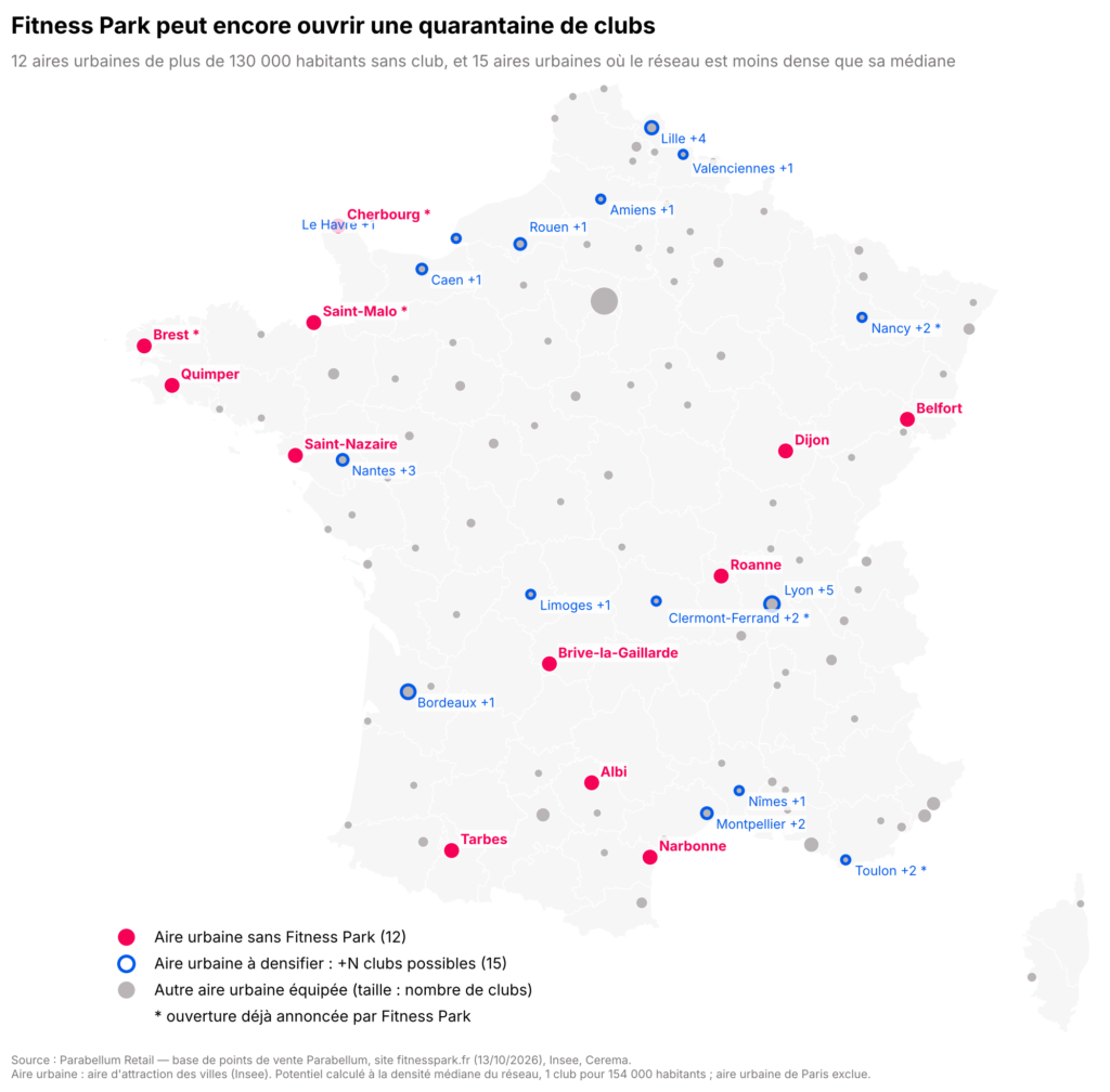 Carte des aires urbaines où Fitness Park pourrait ouvrir une quarantaine de clubs